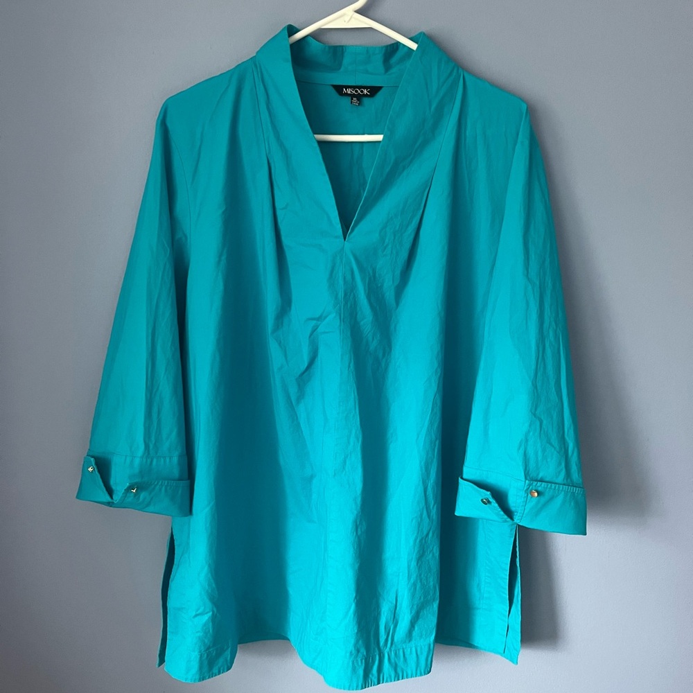 Misook V Neck Mandarin Collar Tunic Top Blouse XL Aqua Blue